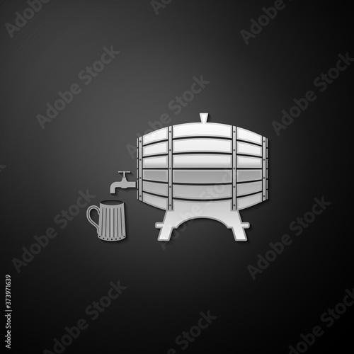 Silver Wooden barrel on rack with stopcock and wooden beer mug icon isolated on black background. Long shadow style. Vector.
