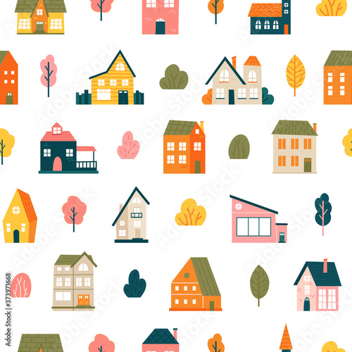House pattern. Cute tiny town houses seamless backdrop, minimalist village, residential city houses landscape vector background illustration. Seamless pattern building, village residential background
