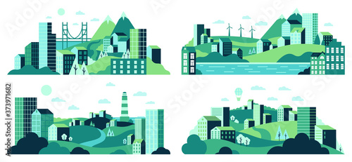 Village landscape. Minimalist town views, city house district, daytime landscape with buildings, trees and hills vector illustration set. Town and village landscape view, house building