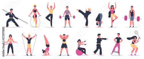 Fitness sport activities. People training, male female characters performing sport, martial arts and yoga vector illustration icons set. Art martial and yoga, sportswear and athletic equipment