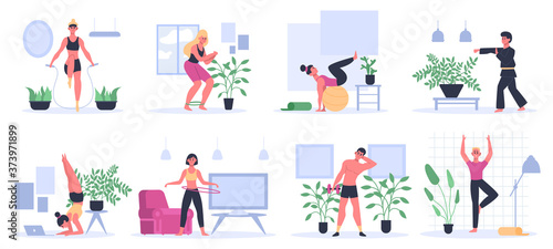 Fitness at home. People exercising, practice yoga, man workout with dumbbell, athletic women home workout activities vector illustration set. Fitness exercise and workout at home