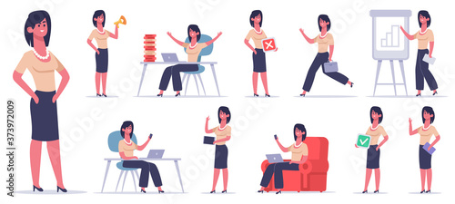 Female office character. Businesswoman finance worker, professional business employee, success female office team worker vector illustration set. Businesswoman and female person at computer