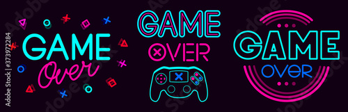 Game over signs. Computer video game death screen phrases, last life video gaming glitch, video game fail screen vector illustration icons set. Game over text, final video gaming