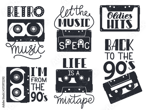 Retro cassette lettering. Hand drawn 90s retro music audio cassette tape phrases, 80s audio record tape lettering vector icons set. Illustration music cassette hand drawn, vintage 90s lettering