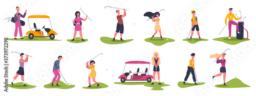 Golf people scenes. Male and female golfers  golf characters chase and hit ball  golfers playing outdoor sports vector illustration icons set. Golfer play female and male  golf sport competition