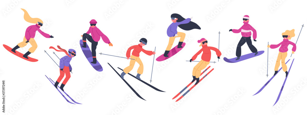 Skiers and snowboarders. Winter sport activities, people on snowboard, young skiers and snowboarders jump on mountain vector illustration set. Extreme snow mountain, snowboard and snowboarding - obrazy, fototapety, plakaty 