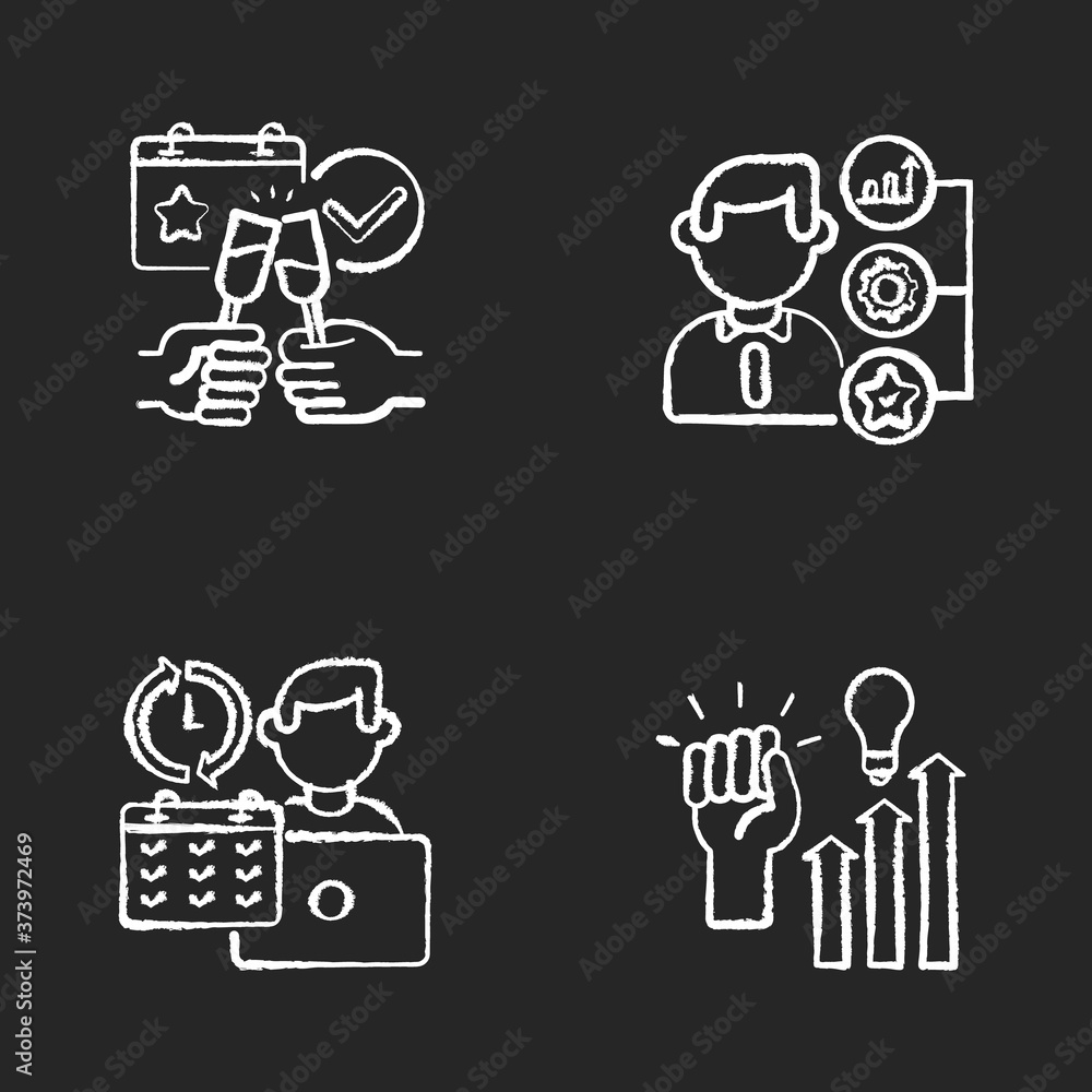 Company occupation chalk white icons set on black background. Full time job, events celebration, staff skills and abilities development, workers motivation. Isolated vector chalkboard illustrations Company occupation chalk white icons set on black background. Full time job, events celebration, staff skills and abilities development, workers motivation. Isolated vector chalkboard illustrations