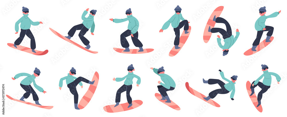 Snowboard character. Young male snowboarder jump on mountain, winter extreme snow activity, fitness snowboard rider vector illustration icons set. Winter snowboard, snowboarder extreme