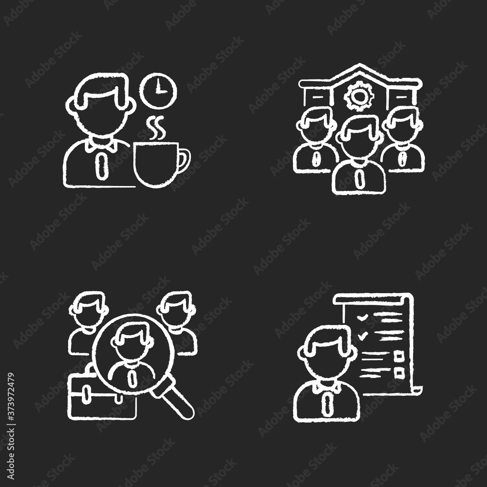 Recruitment chalk white icons set on black background. Company personnel, coffee break, headhunting and professional demands. Job application, hiring. Isolated vector chalkboard illustrationss