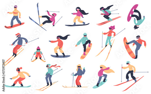 Skiing snowboarding people. Winter sport activities, young people on snowboard or ski, extreme mountain sports isolated vector illustration set. Extreme snowboard, sport ski and snowboarding