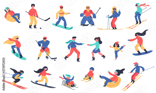 Winter snow activities. Skiing, snowboarding, hockey and ice skates, family holiday winter activities isolated vector illustration icons set. Ice hockey and board, snow extreme sport