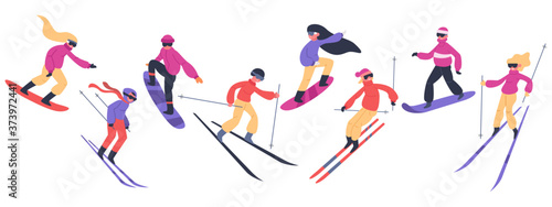 Skiers and snowboarders. Winter sport activities, people on snowboard, young skiers and snowboarders jump on mountain vector illustration set. Extreme snow mountain, snowboard and snowboarding