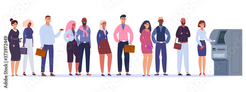 People ATM queue. Line to withdraw money, male and female characters wait for ATM machine, terminal transaction vector illustration. Financial line, banking atm bank, character payment