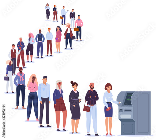 People in ATM line. Male and female characters in queue wait for terminal transaction, banking payment line to ATM machine vector illustration. Curve line to atm, banking payment near terminal machine