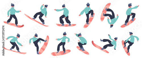 Snowboard character. Young male snowboarder jump on mountain, winter extreme snow activity, fitness snowboard rider vector illustration icons set. Winter snowboard, snowboarder extreme