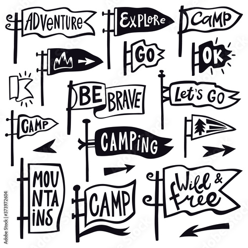 Adventure hiking pennant. Hand drawn camping pennant flag, vintage lettering flags, tourist quotation pennants vector illustration icons set. Hiking and pennant outdoor travel, explore emblem