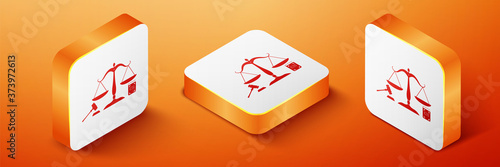Isometric Scales of justice, gavel and book icon isolated on orange background. Symbol of law and justice. Concept law. Legal law and auction symbol. Orange square button. Vector.