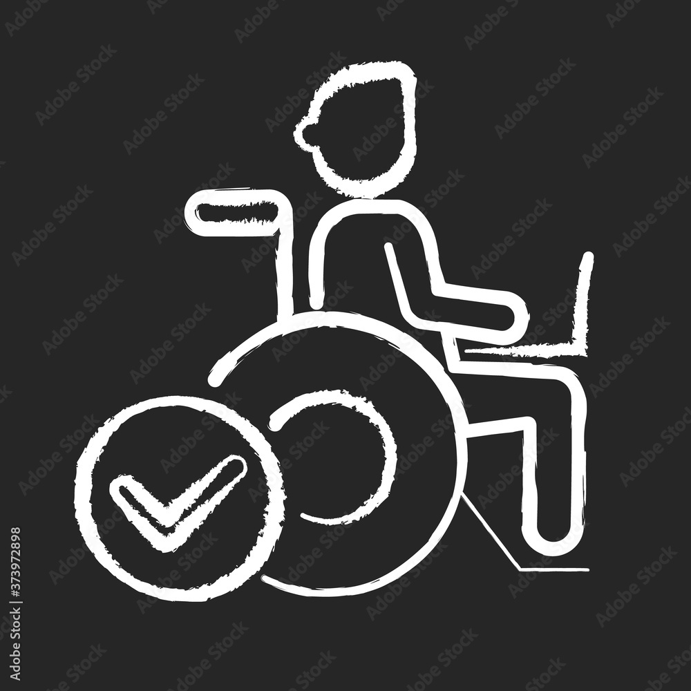 Inclusive job chalk white icon on black background. Company recruitment policy, personnel diversity. Healthy working conditions. freelancer in wheelchair isolated vector chalkboard illustration Inclusive job chalk white icon on black background. Company recruitment policy, personnel diversity. Healthy working conditions. freelancer in wheelchair isolated vector chalkboard illustration