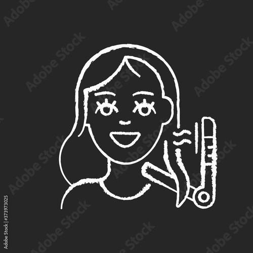 Hair styling chalk white icon on black background. Hairstyling shop. Beauty salons. Hairdressing. Hairdo salon. Professional hair stylist. Beauty procedures. Isolated vector chalkboard illustration