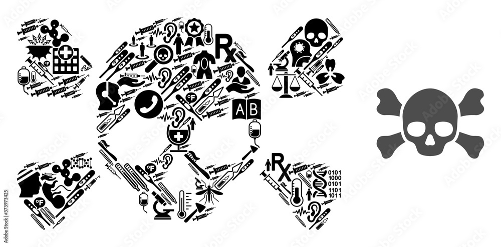 Naklejka premium Mosaic skull crossbones with health care symbols and basic icon. Mosaic vector skull crossbones is designed with health symbols. Flat illustrations elements for doctor projects.