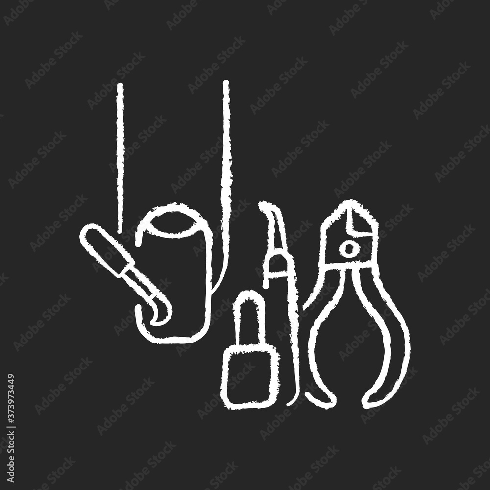 Naklejka premium Manicure chalk white icon on black background. Cosmetic fingernail treatment. Nail varnish. Beauty procedures. Manicure supplies. Cosmetology. Isolated vector chalkboard illustration
