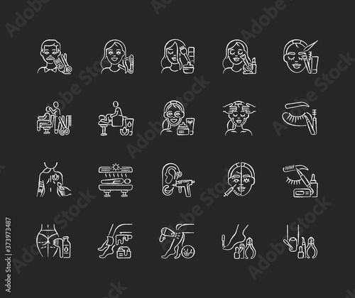 Beauty salon chalk white icons set on black background. Anti cellulite program. Lash making. Face fitness. Hair styling and cutting. Beauty procedures. Isolated vector chalkboard illustrations