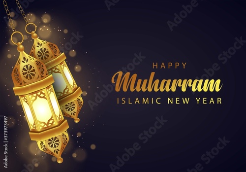 Happy muharram islamic new hijri year black background photo