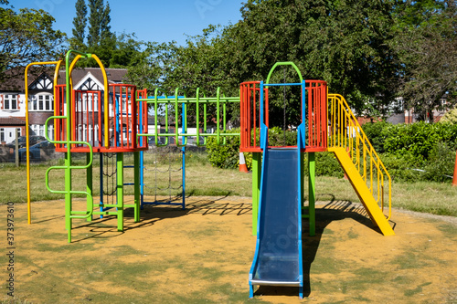 Childrens playground equpiment in public park Maghull May 2020 photo