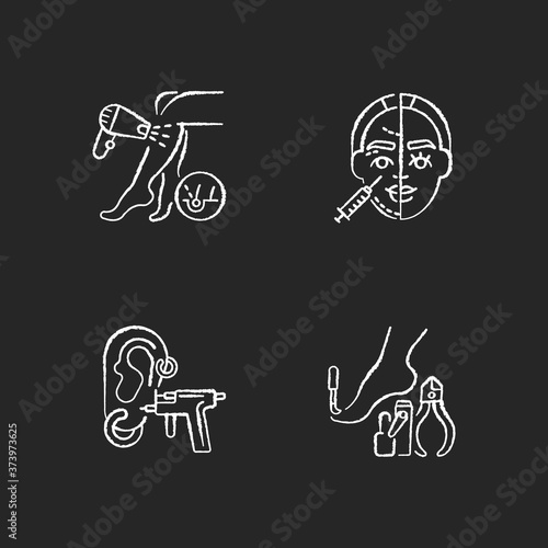 Beauty procedures chalk white icons set on black background. Laser hair removal. Skin injections. Pedicure. Piercing. Nail polish. Beauty procedures. Isolated vector chalkboard illustrations