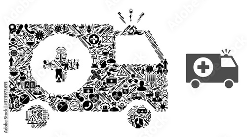 Mosaic emergency with health care items and basic icon. Mosaic vector emergency is formed with health items. Flat design elements for pandemic wallpapers. Illustration is based on emergency pictogram.