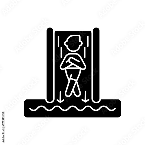 Speed slide black glyph icon. Extreme waterslide, aqua park entertainment activity. Summer recreation silhouette symbol on white space. Tourist on steep water slide vector isolated illustration