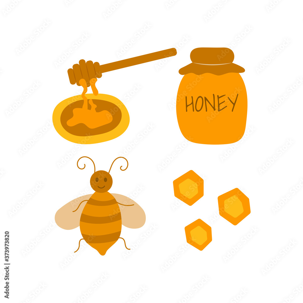 Icons with honey. Bee, jar, honeycomb, spoon. Vector Icons with honey. Bee, jar, honeycomb, spoon. Vector