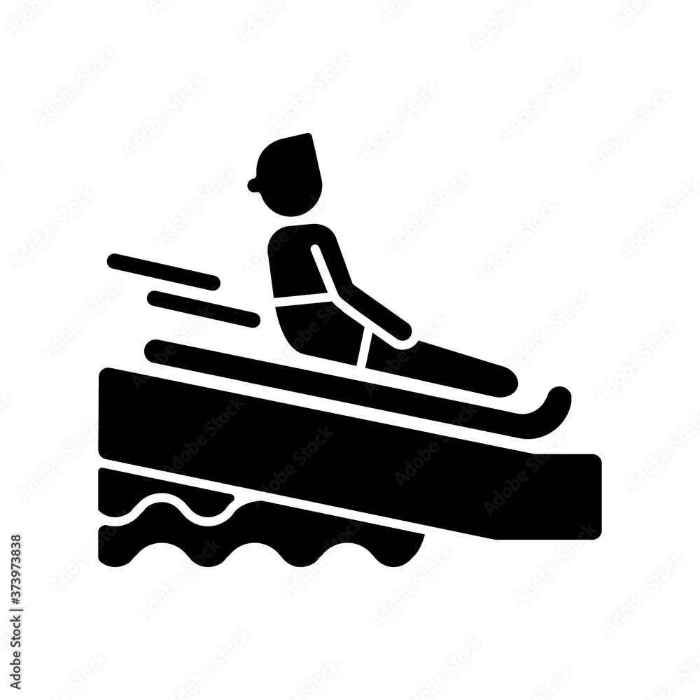 Swimming mat black glyph icon. Waterslide riding rules, aqua park entertainment silhouette symbol on white space. Active recreation. Tourist sliding on inflatable mattress vector isolated illustration