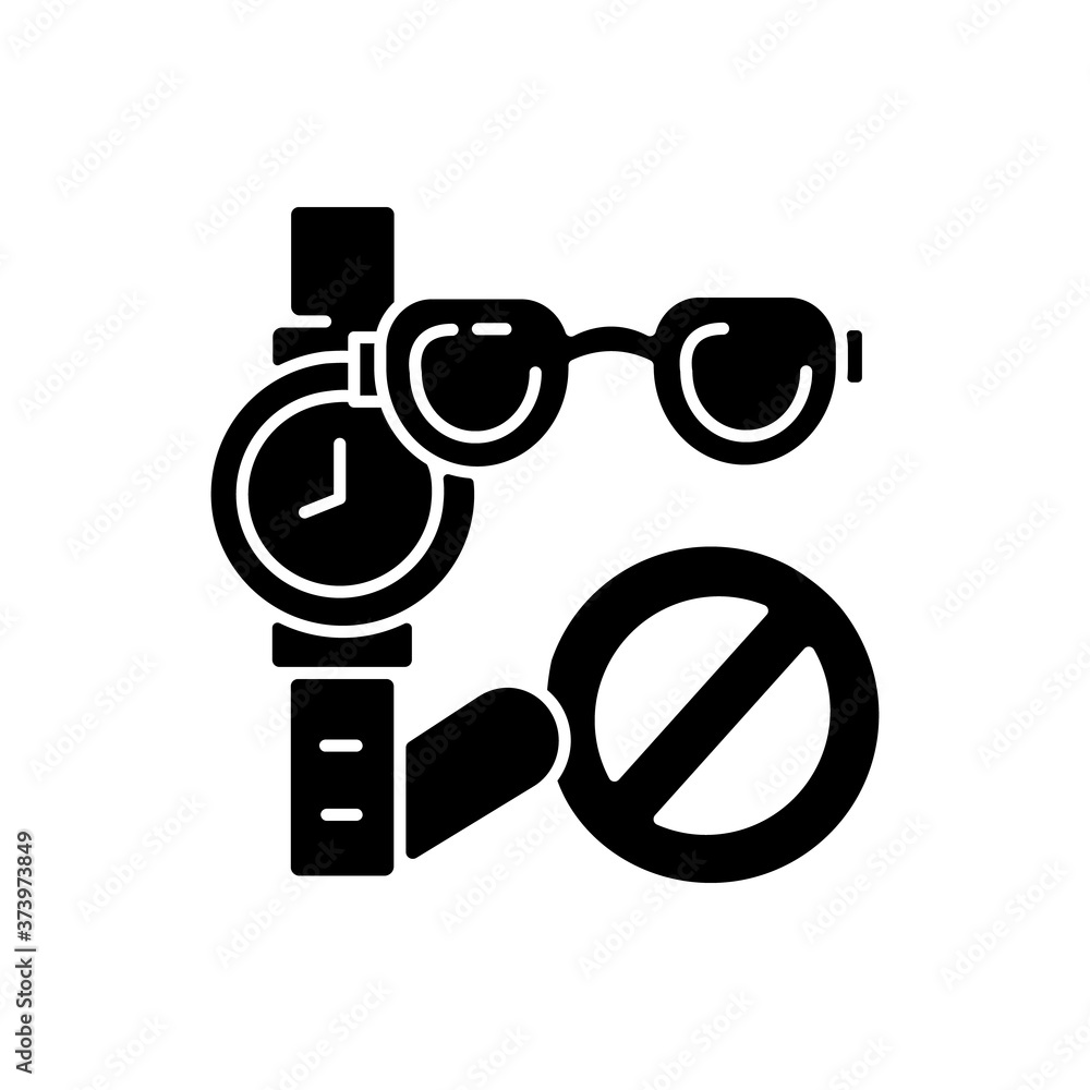 No jewelry rule black glyph icon. Aquapark safety policy silhouette symbol on white space. Water park, pool restricted items. Wristwatch and eyeglasses with stop sign vector isolated illustration No jewelry rule black glyph icon. Aquapark safety policy silhouette symbol on white space. Water park, pool restricted items. Wristwatch and eyeglasses with stop sign vector isolated illustration