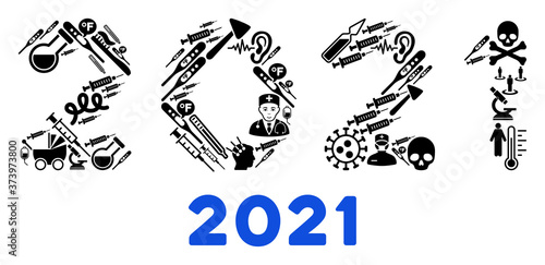 Mosaic 2021 digits text with health symbols and basic icon. Mosaic vector 2021 digits text is designed with health symbols. Flat illustrations elements for pharmacy illustrations.