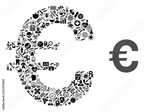 Mosaic Euro symbol from medical items and basic icon. Mosaic vector Euro symbol is composed from health items. Flat design elements for pharmacy applications.