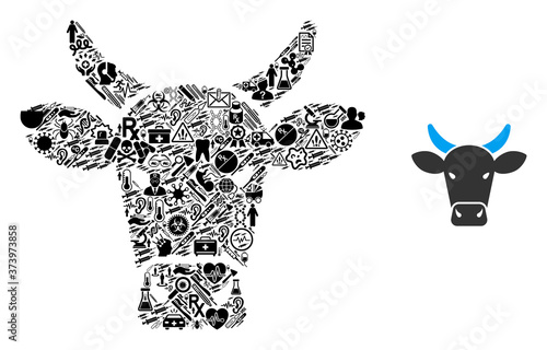 Mosaic cow from medicine items and basic icon. Mosaic vector cow is formed from medicine symbols. Abstract illustrations elements for pandemic wallpapers. Illustration is based on cow pictogram.