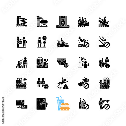 Water park black glyph icons set on white space. Aquatic play area, summer recreation center silhouette symbols. Safety rules on water slides and in swimming pools. Vector isolated illustrations