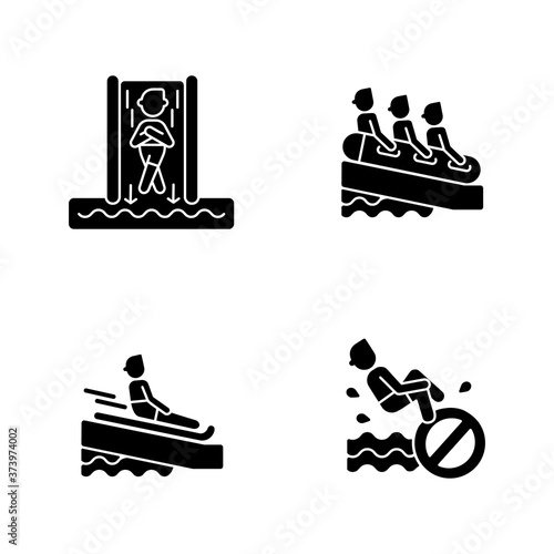 Waterslide types black glyph icons set on white space. Speed slide, family rafting, swimming mat and no bomb jumping silhouette symbols. Waterpark activities and rules. Vector isolated illustrations