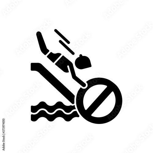 No head down sliding black glyph icon. Water park security policy, safety rule for waterslide attractions. Aqua park entertainment silhouette symbol on white space. Vector isolated illustration