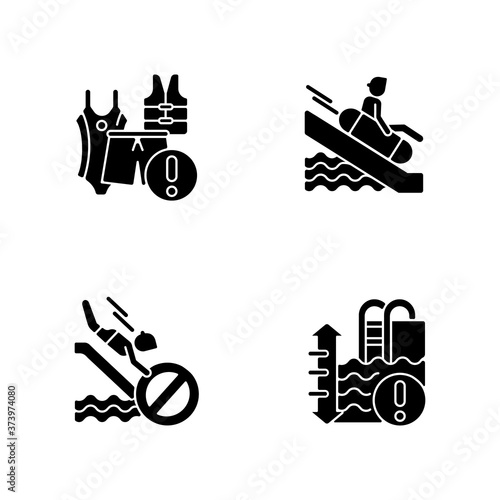 Water park rules and restrictions black glyph icons set on white space. Waterslide riding rules, water depth warning and swimsuits requirement silhouette symbols. Vector isolated illustrations