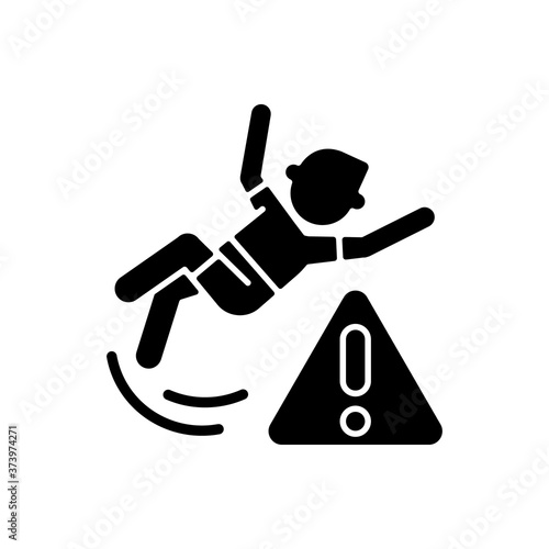 Be careful black glyph icon. Water park, public places safety rule silhouette symbol on white space. Health risk, trauma danger warning. Person slipped, falling on floor vector isolated illustration