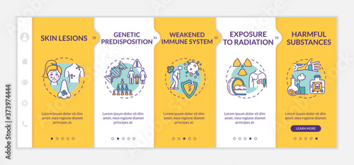 Skin cancer risk factors onboarding vector template. Weakened immune system. Skin lesions. Responsive mobile website with icons. Webpage walkthrough step screens. RGB color concept