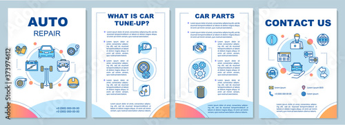 Auto recovery service brochure template. Car tune-up. Flyer, booklet, leaflet print, cover design with linear icons. Car parts. Vector layouts for magazines, annual reports, advertising posters