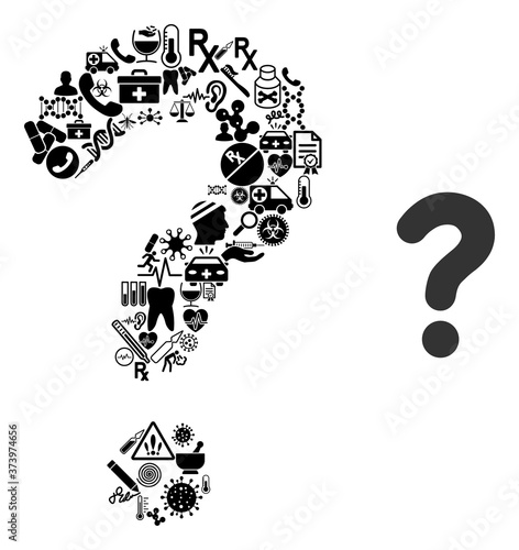 Mosaic question from medical symbols and basic icon. Mosaic vector question is created from medic symbols. Flat illustrations elements for hospital wallpapers.