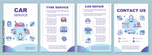 Car maintenance brochure template. Tyre service. Auto repair. Flyer, booklet, leaflet print, cover design with linear icons. Vector layouts for magazines, annual reports, advertising posters