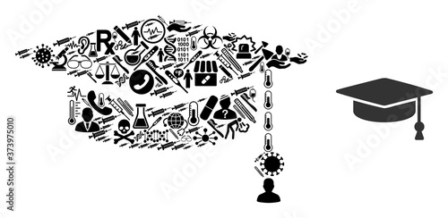 Mosaic graduation cap with health care symbols and basic icon. Mosaic vector graduation cap is created with medical symbols. Flat design elements for pharmacy projects.