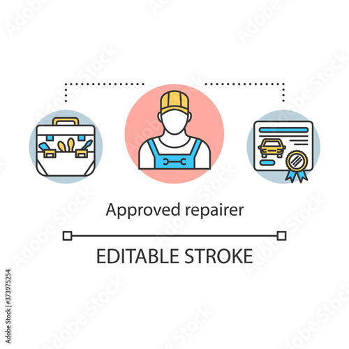 Approved repairer concept icon. Certified, factory trained technicians idea thin line illustration. Dependable service. Skilled mechanics. Vector isolated outline RGB color drawing. Editable stroke