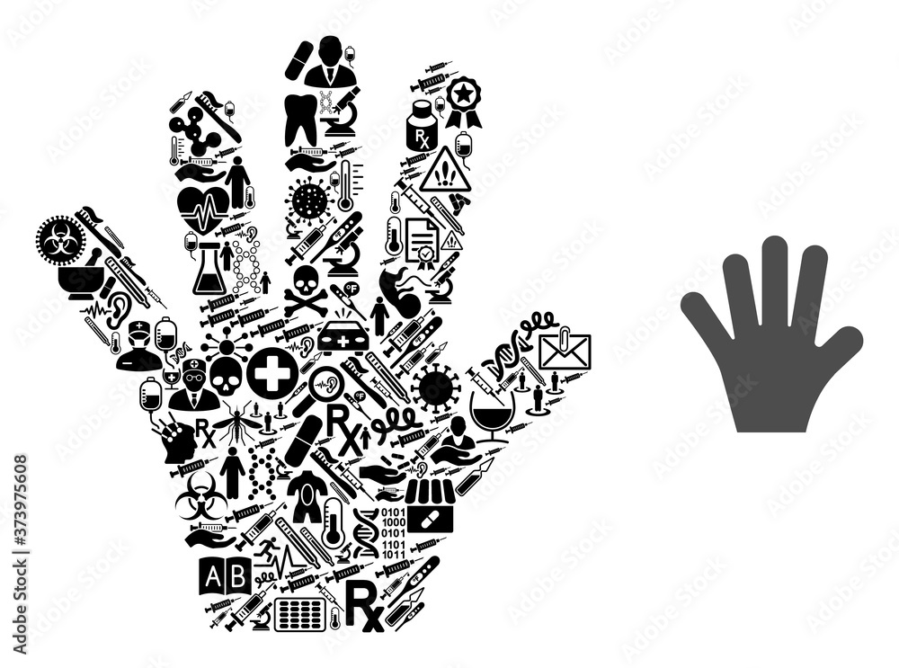 Mosaic hand fingers with medical symbols and basic icon. Mosaic vector hand fingers is created with medical icons. Flat illustrations elements for doctor illustrations. Mosaic hand fingers with medical symbols and basic icon. Mosaic vector hand fingers is created with medical icons. Flat illustrations elements for doctor illustrations.