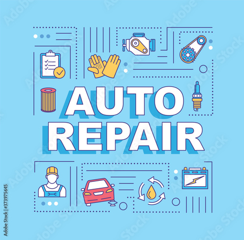 Auto repair word concepts banner. Preventive maintenance. Mechanical workshop. Infographics with linear icons on blue background. Isolated typography. Vector outline RGB color illustration